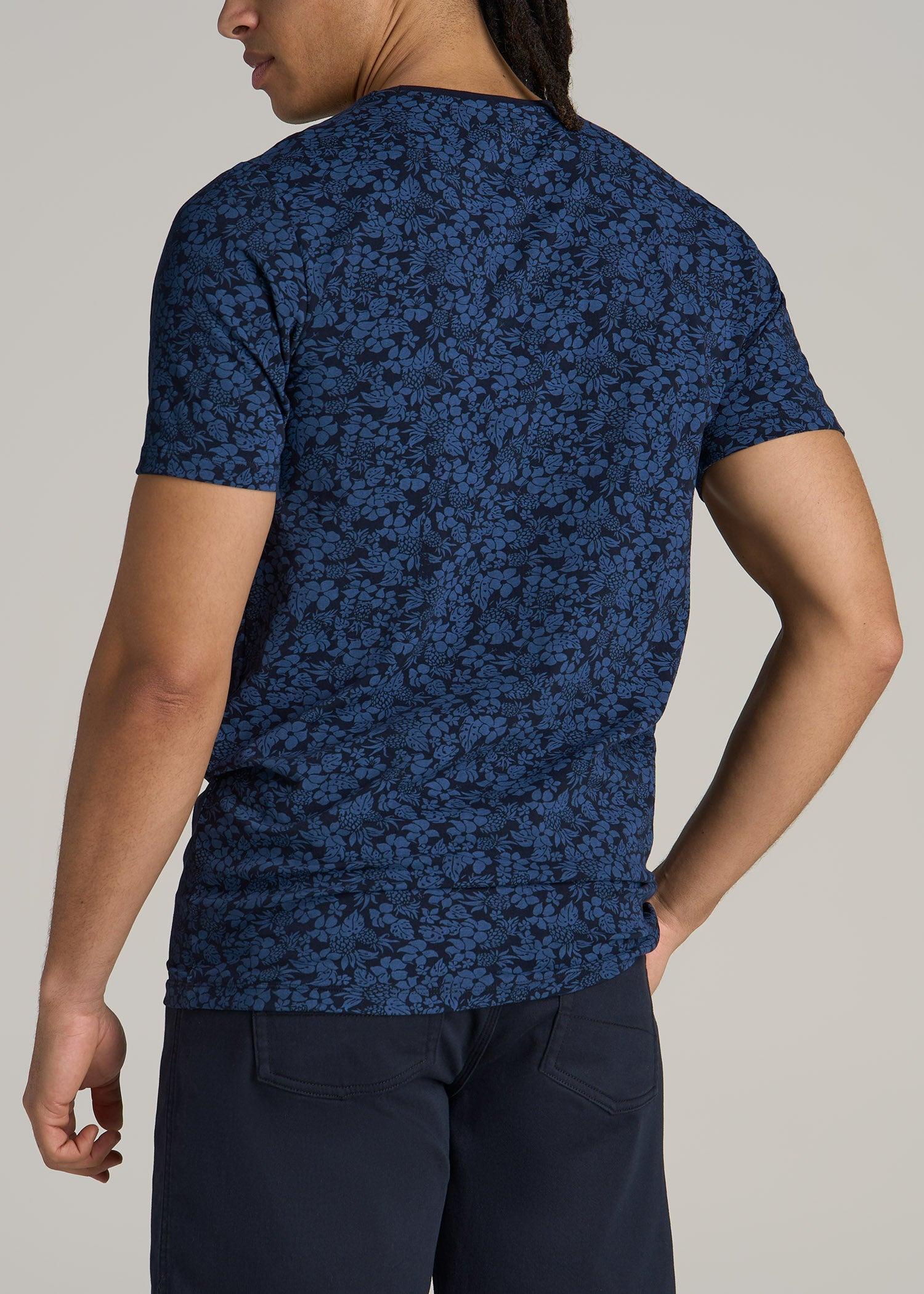 Stretch Pima Cotton Printed Tee for Tall Men in Blue Hibiscus Product Image