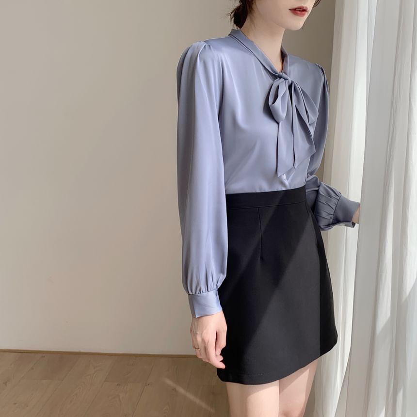 Long-Sleeve Ribbon Neck Plain Blouse Product Image