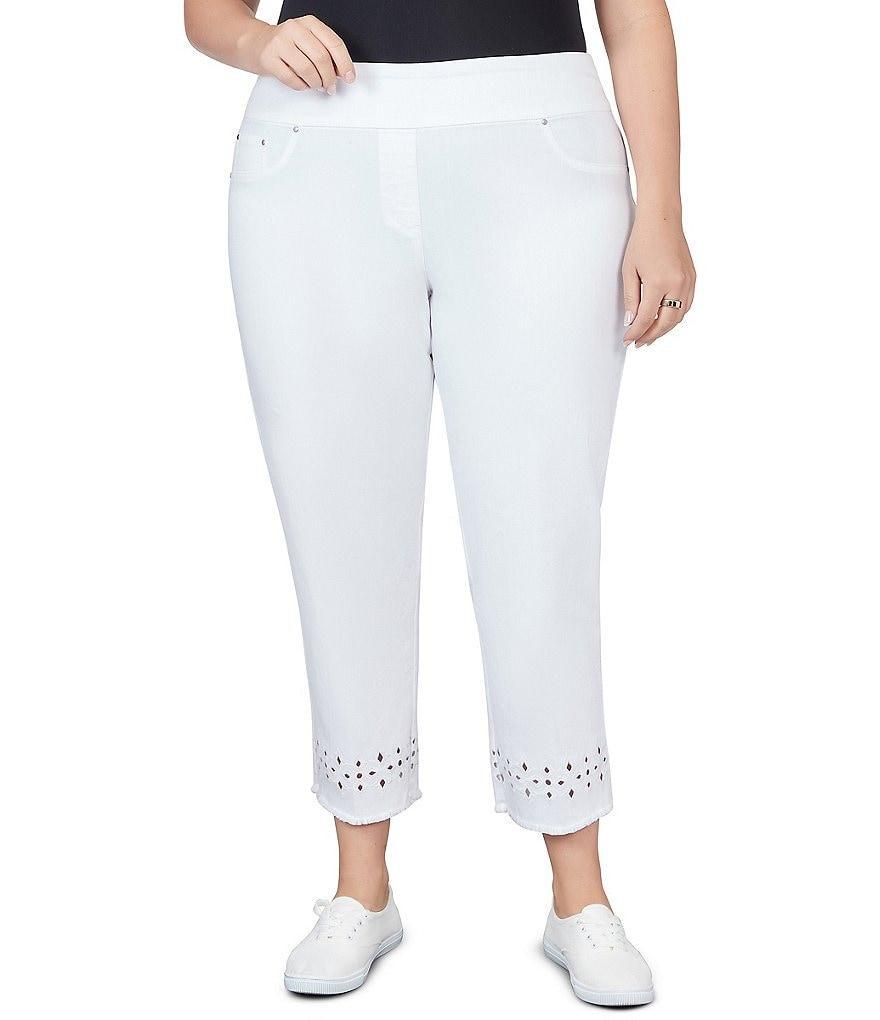 Ruby Rd. Plus Size Stretch Denim Embroidered Eyelet Frayed Hem Pull-On Crop Pants Product Image