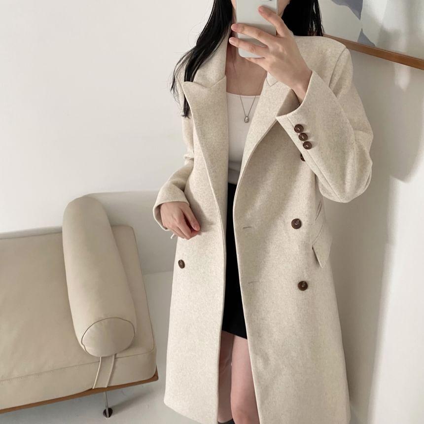 Peak Lapel Plain Midi Double Breasted Coat Product Image