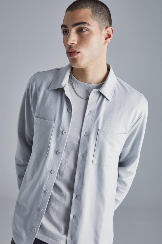 Jersey Utility Button Through Overshirt | boohooMAN USA Product Image