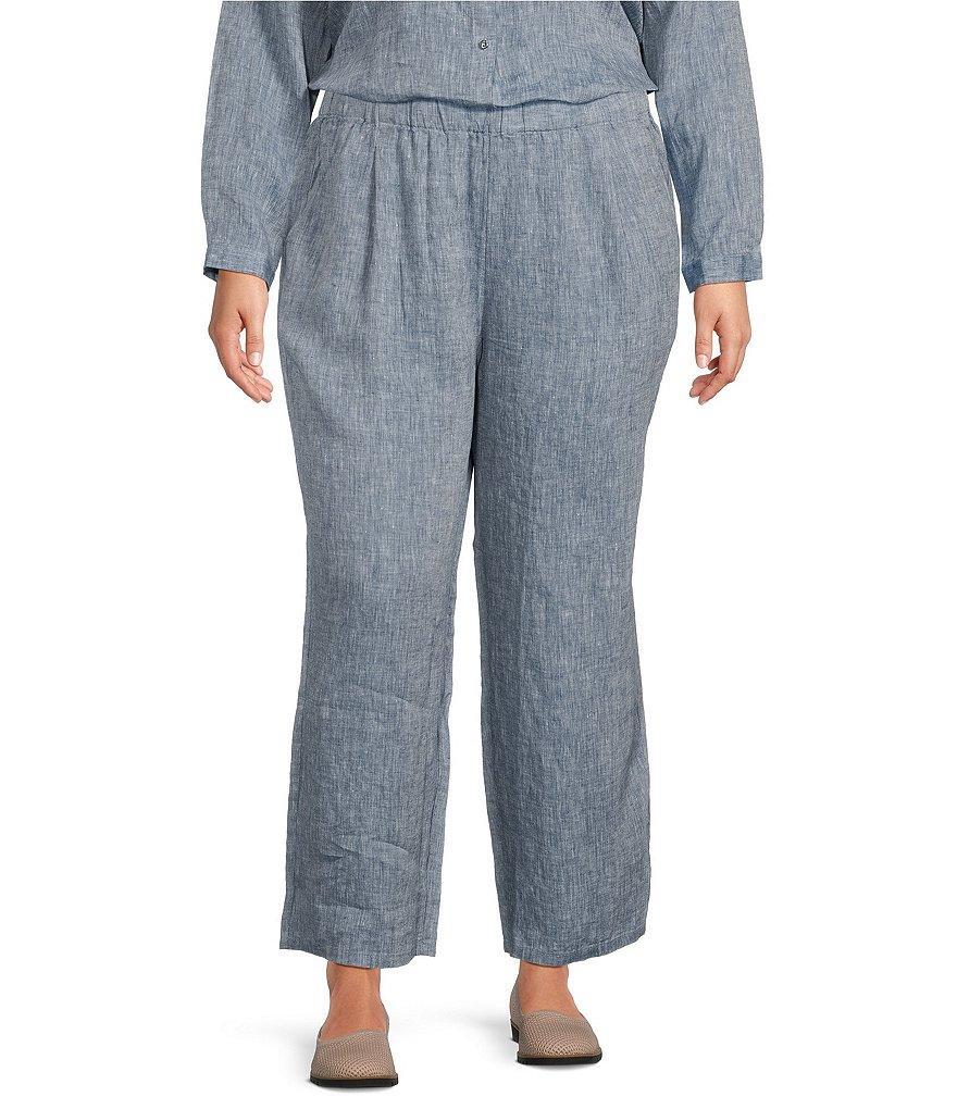 Eileen Fisher Plus Size Chambray Organic Linen Yarn-Dyed Wide-Leg Pull-On Ankle Pants Product Image