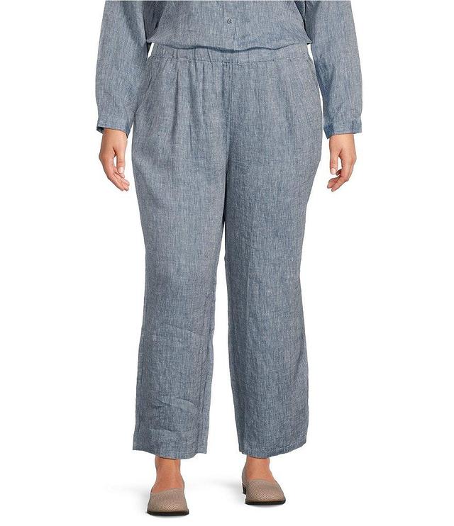 Eileen Fisher Plus Size Chambray Organic Linen Yarn-Dyed Wide-Leg Pull-On Ankle Pants Product Image