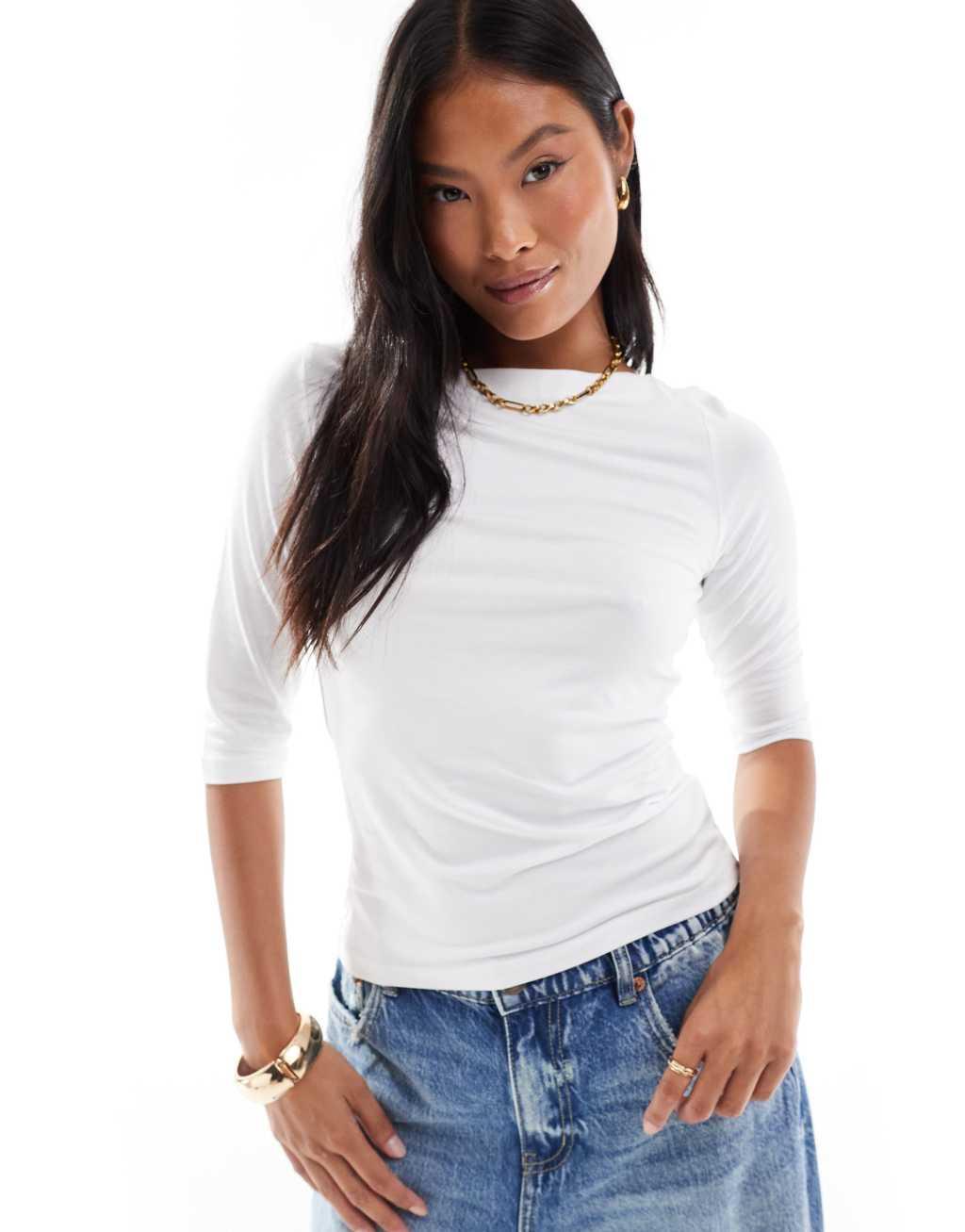 Vero Moda Petite boat neck fitted 3/4 sleeve t-shirt in white product image