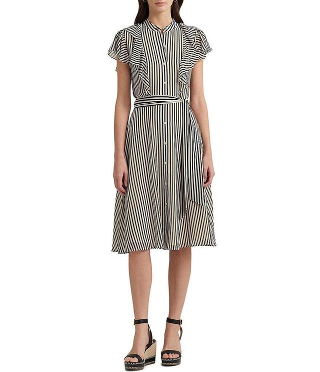 Lauren Ralph Lauren Striped Belted Banded Collar Flutter Sleeve A-Line Shirt Dress Product Image