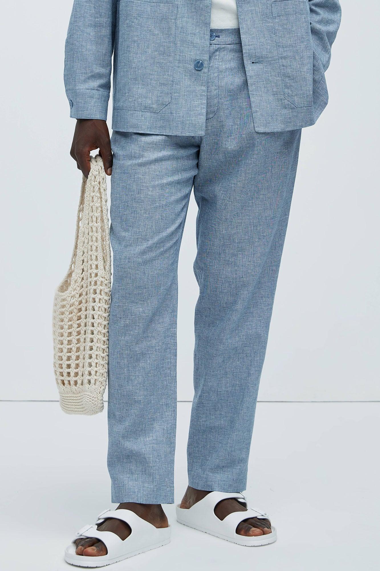 Bahamas Straight Pleated Linen Trousers - Blue product image