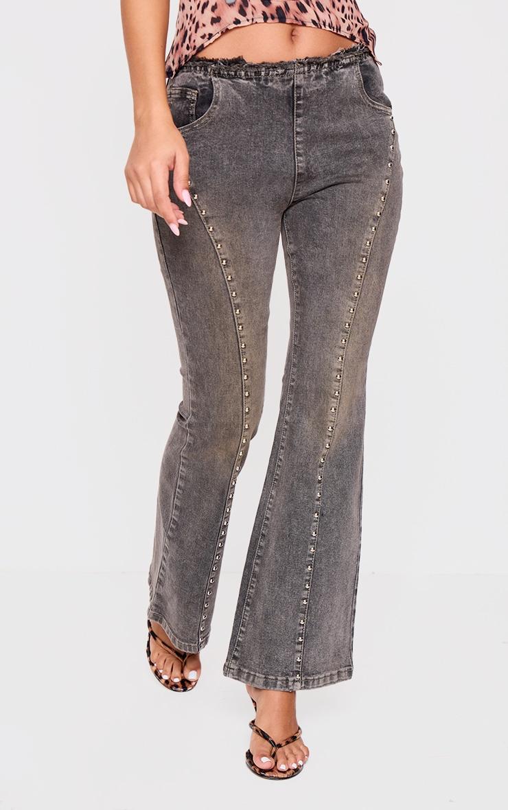 Petite Washed Black Stud Detail Denim Flared Jeans Product Image