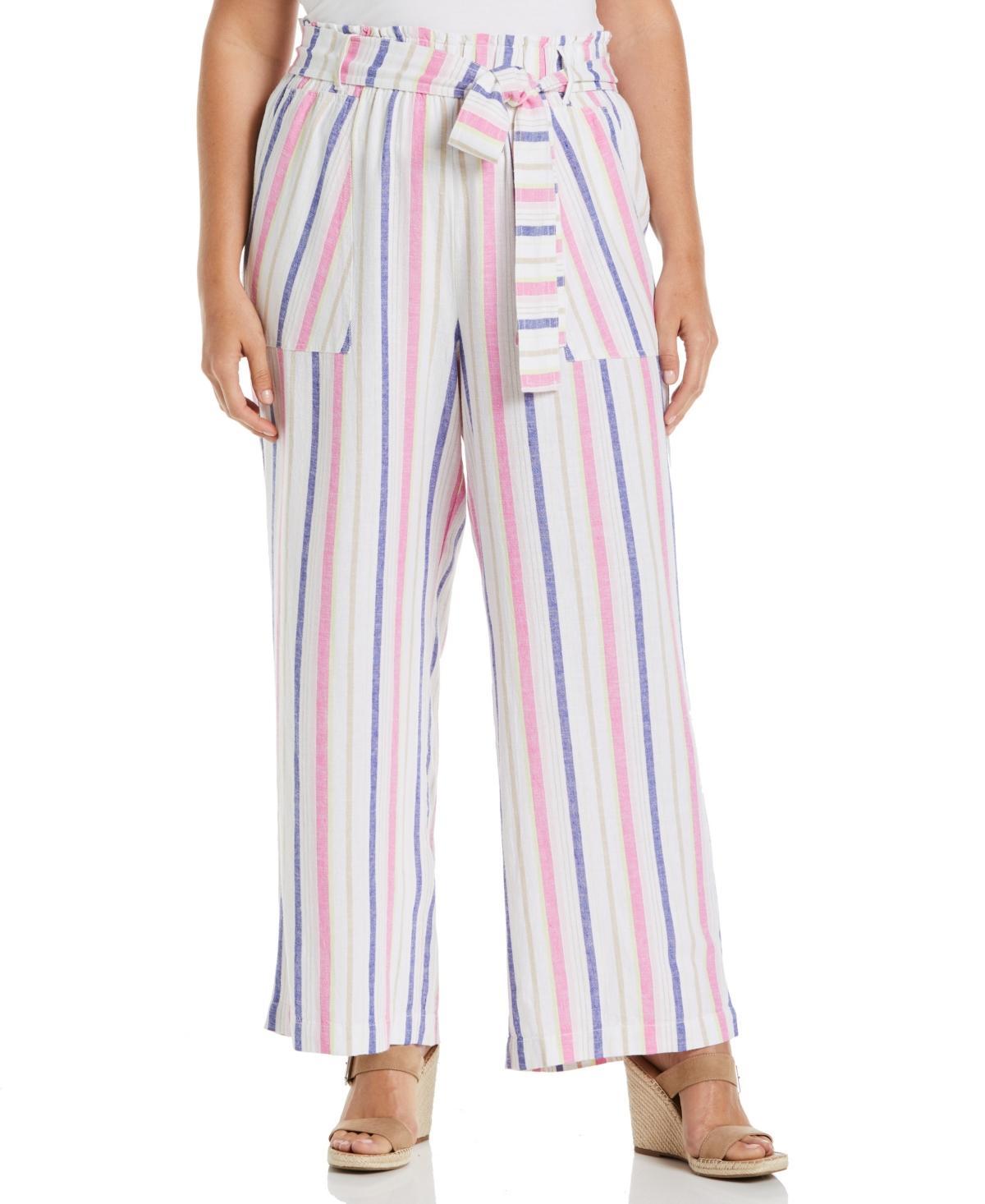 Ella Rafaella Plus Size Stripe Wide Leg Linen Blend Paper Bag Pants Product Image