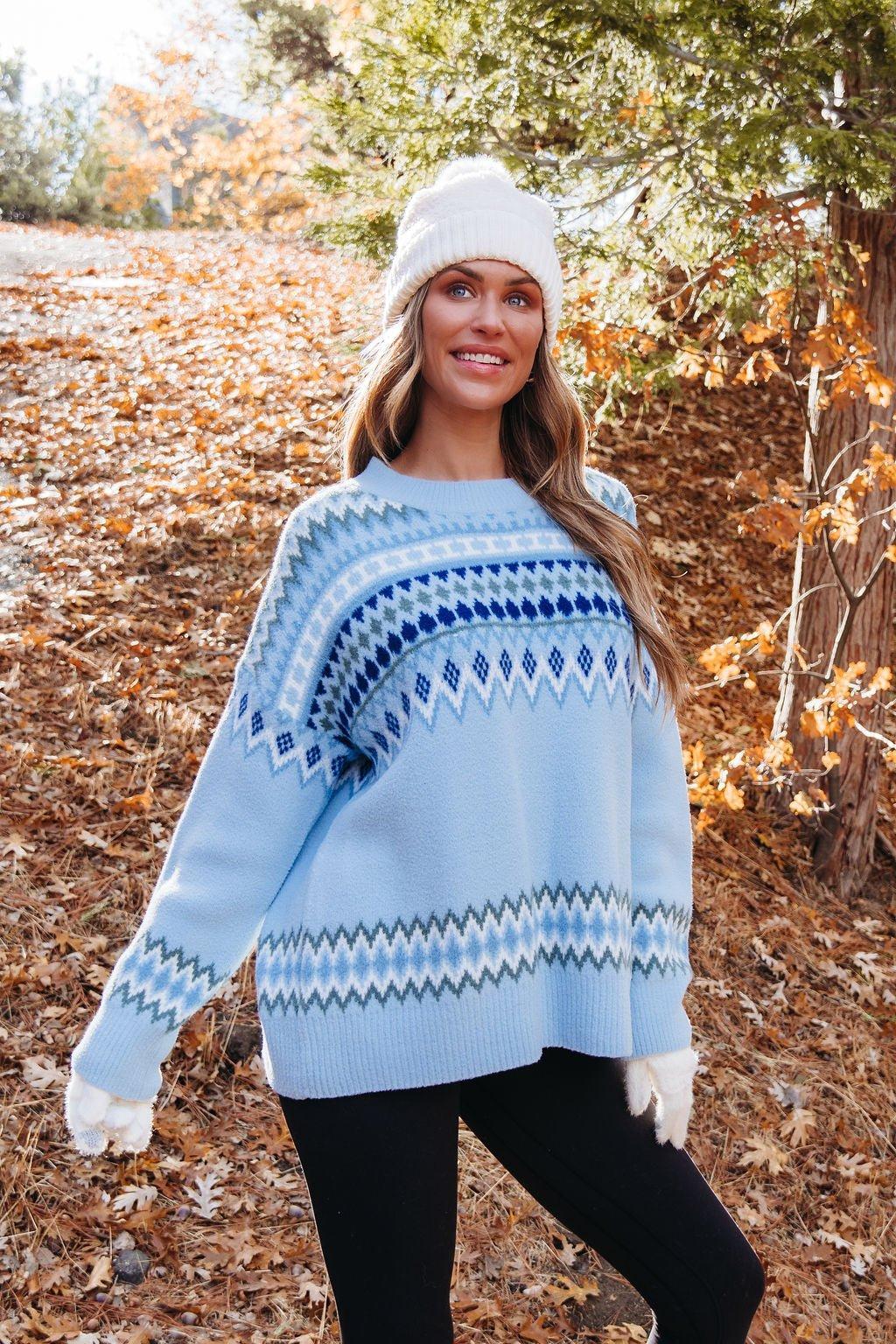 Blue Aztec Print Pullover Sweater Product Image