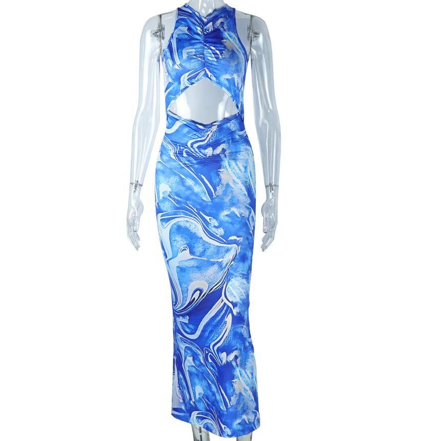 Sleeveless Patterned Cutout Maxi Bodycon Dress Product Image