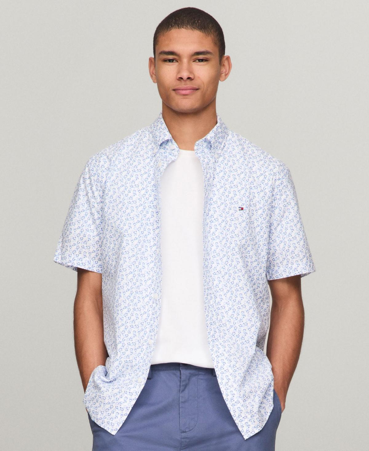 Tommy Hilfiger Mens Short Sleeve Button-Front Floral Print Poplin Shirt - Optic White / Minty Essence Product Image