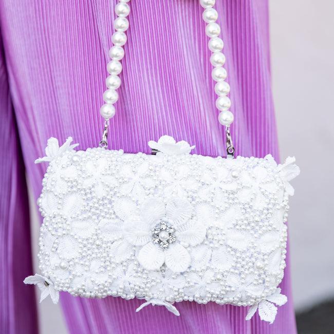 Going To The Chapel White Beaded Floral Applique Purse FINAL SALE Product Image