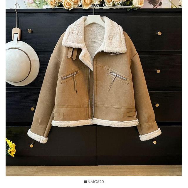 Fleece-Lined Faux-Suede Biker Jacket Product Image