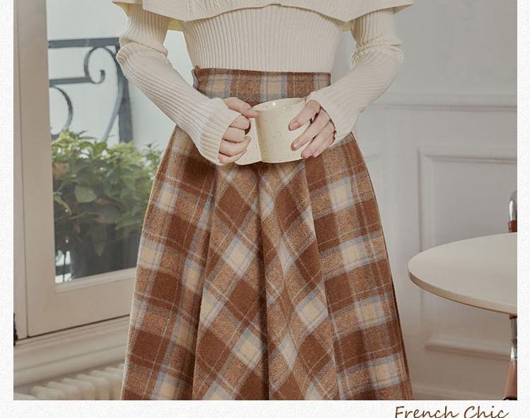 Set: Long-Sleeve Mock Neck Plain Knit Top + High Rise Plaid Midi A-Line Skirt Product Image