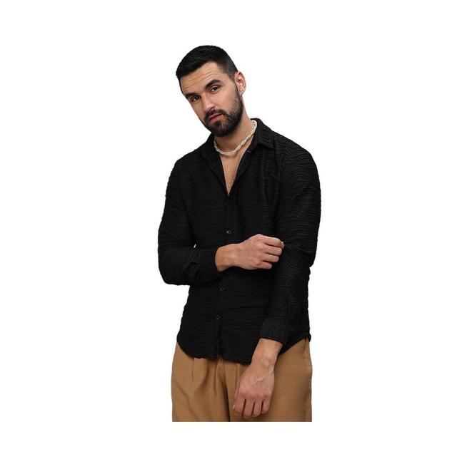 Campus Sutra Mens Midnight Black Self-Design Wave Shirt Product Image