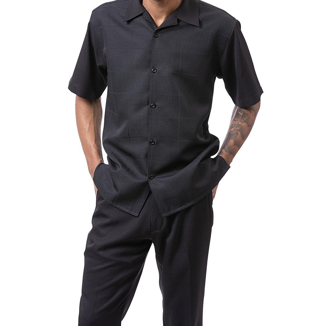 Black Tone-on-tone Windowpane Walking Suit 2 Piece Short Sleeve Set Product Image