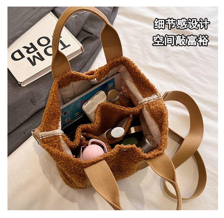 Letter Embroidered Faux Shearling Crossbody Bag Product Image