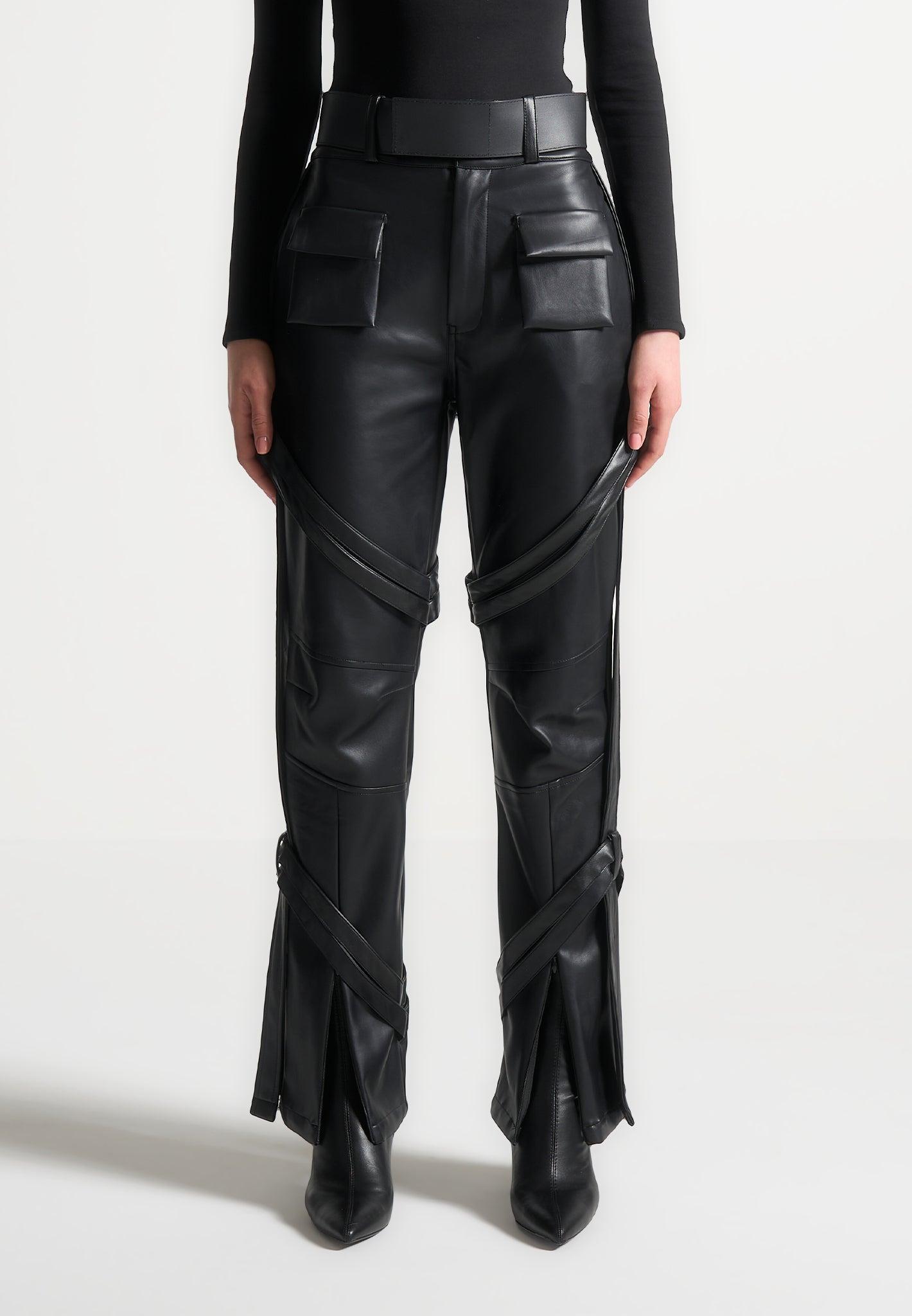 Vegan Leather Carpenter Cargo Trousers - Black Female Product Image