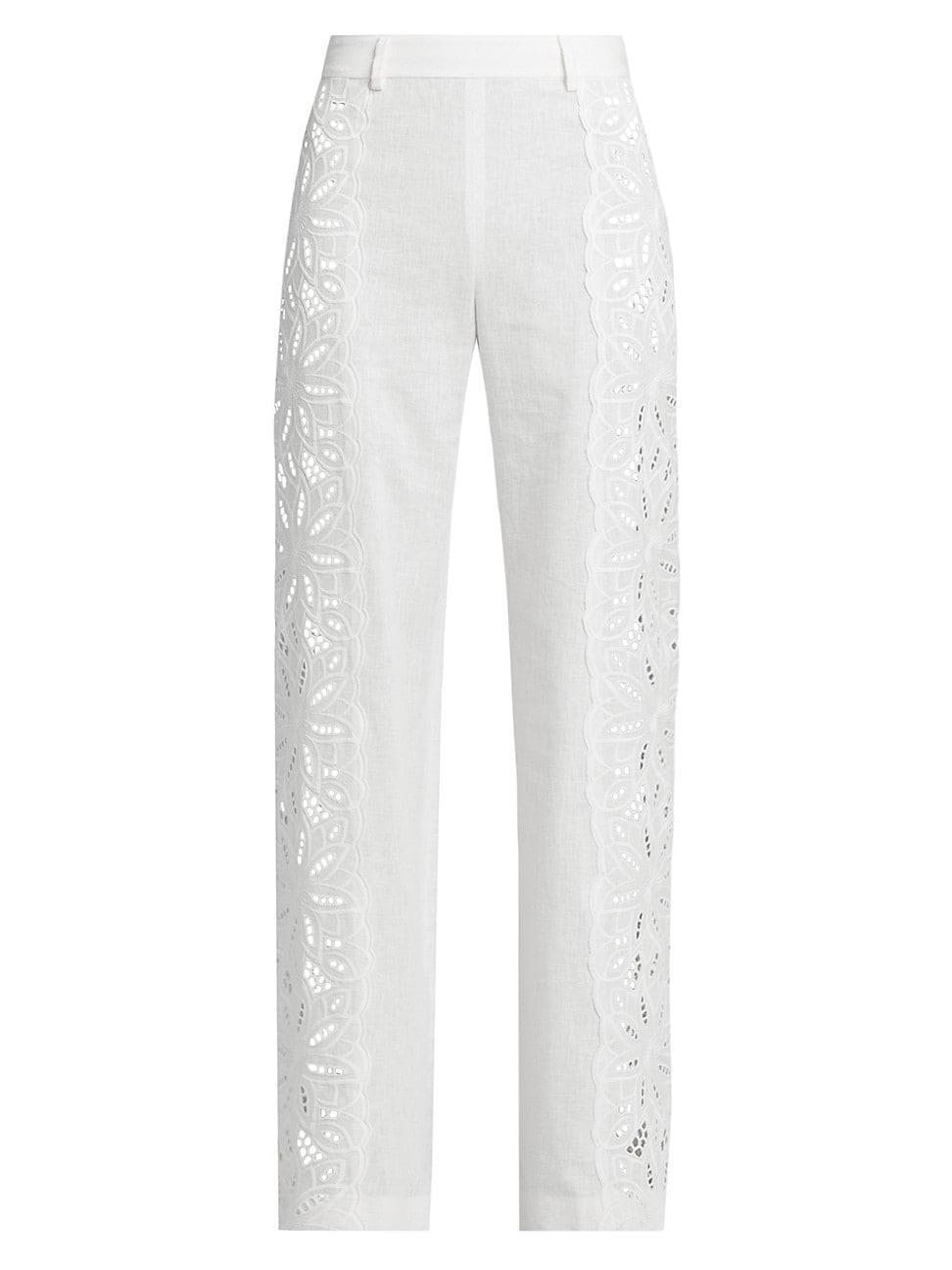 Womens Linen-Blend Eyelet Trousers Product Image