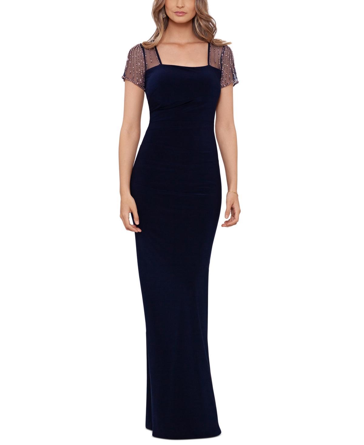 Betsy & Adam Petite Short Sleeve Mesh Gown - Navy Product Image