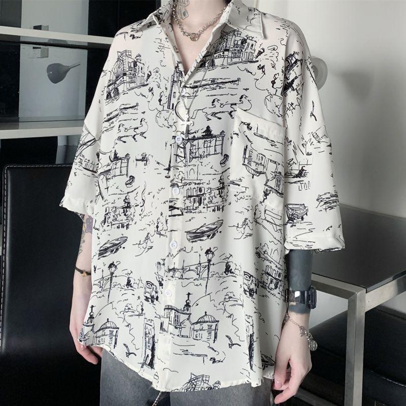 Elbow-Sleeve Print Shirt Product Image