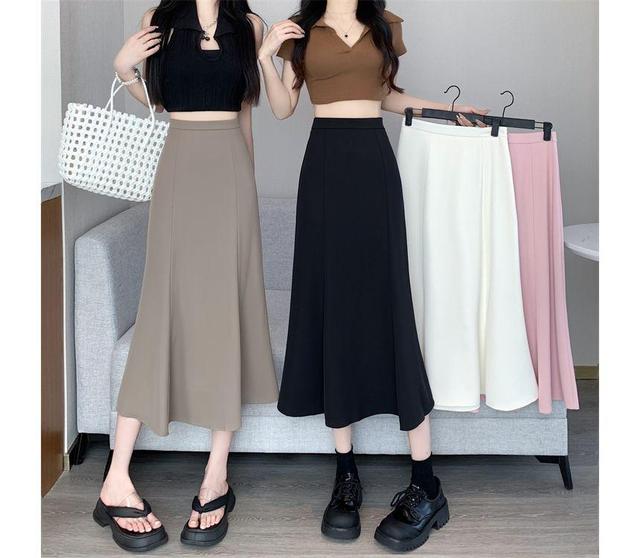 High Rise Plain Midi A-Line Skirt Product Image