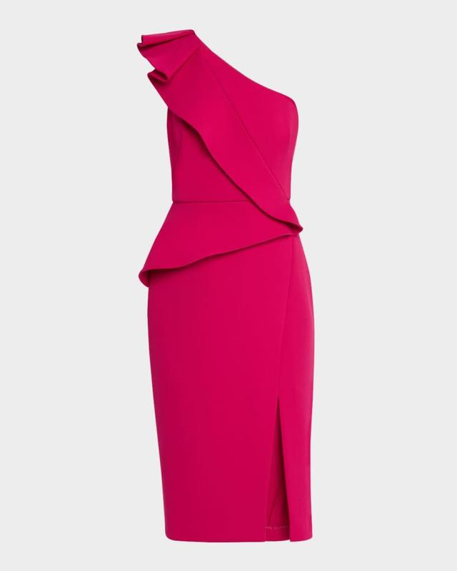 One-Shoulder Ruffle Midi Sheath Dress Product Image