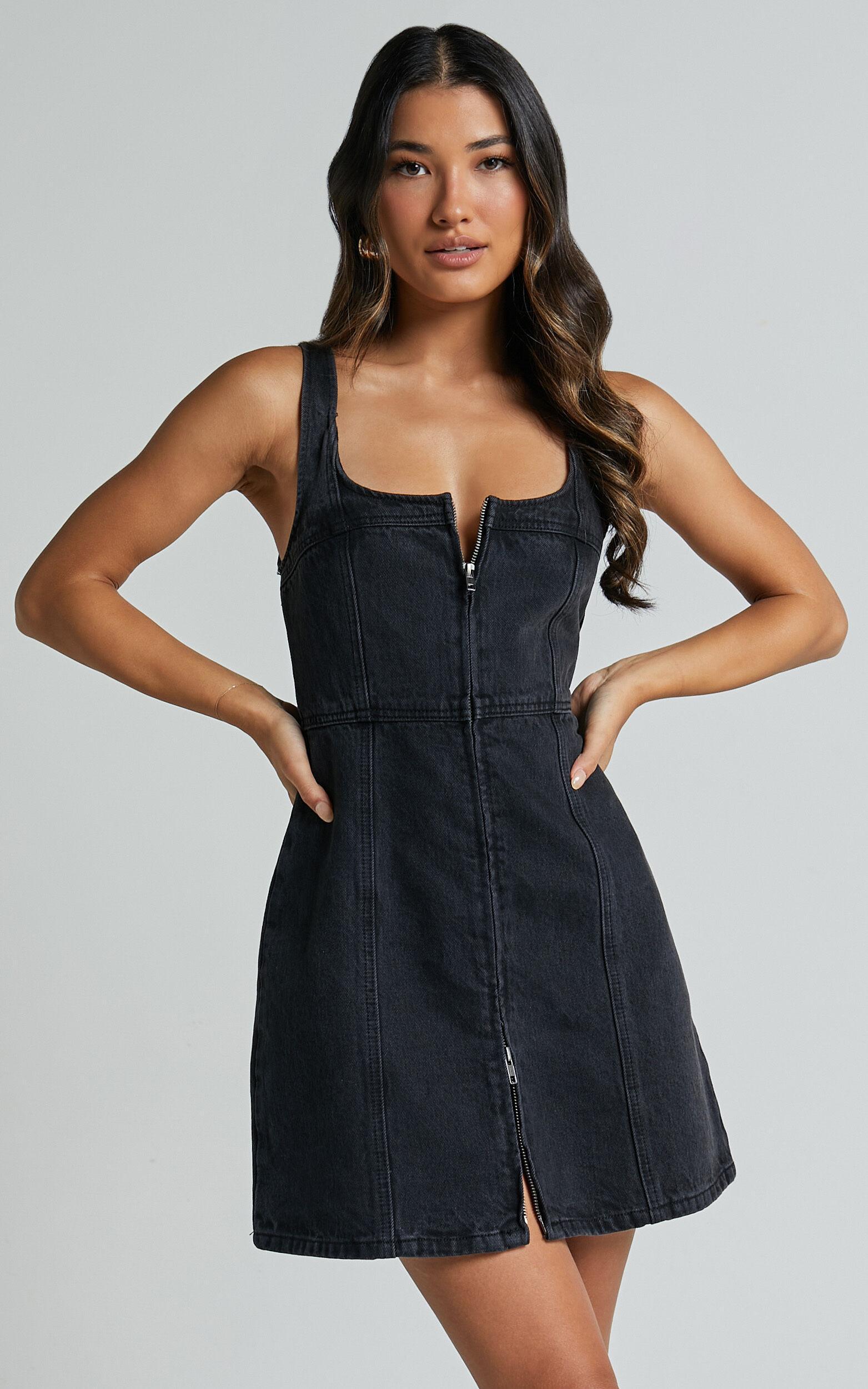 Chrysoula Mini Dress - Square Neck Zip Front Sleeveless Bodycon Denim in Washed Black Product Image