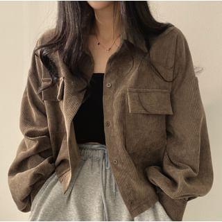 Collared Plain Corduroy Button Up Crop Jacket Product Image