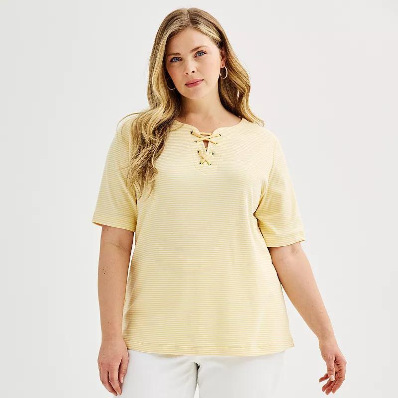 Plus Size Croft & Barrow Lace-Up Split Neck Top, Womens Product Image