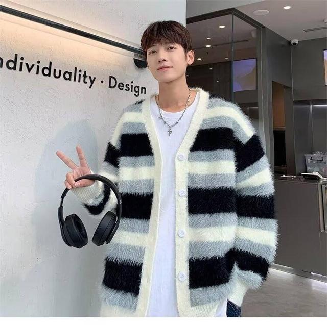 V-Neck Striped Fluffy Cardigan Product Image