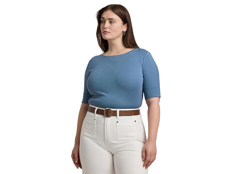 LAUREN Ralph Lauren Plus-Size Cotton-Blend Boatneck Top (Pale Azure) Women's Clothing Product Image