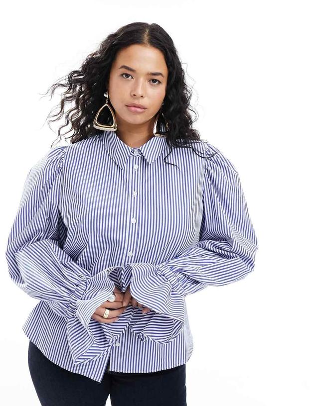 ASOS DESIGN Curve volume sleeved soft shirt with ruffle cuff in blue stripe Product Image