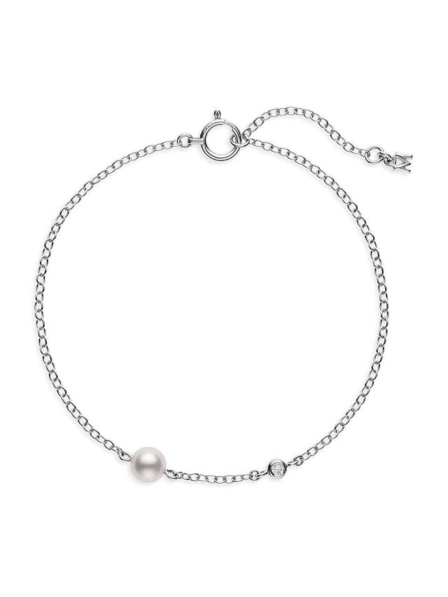 Womens 18K White Gold, Diamond & 5MM Round White Akoya Cultured Pearl Station Bracelet Product Image