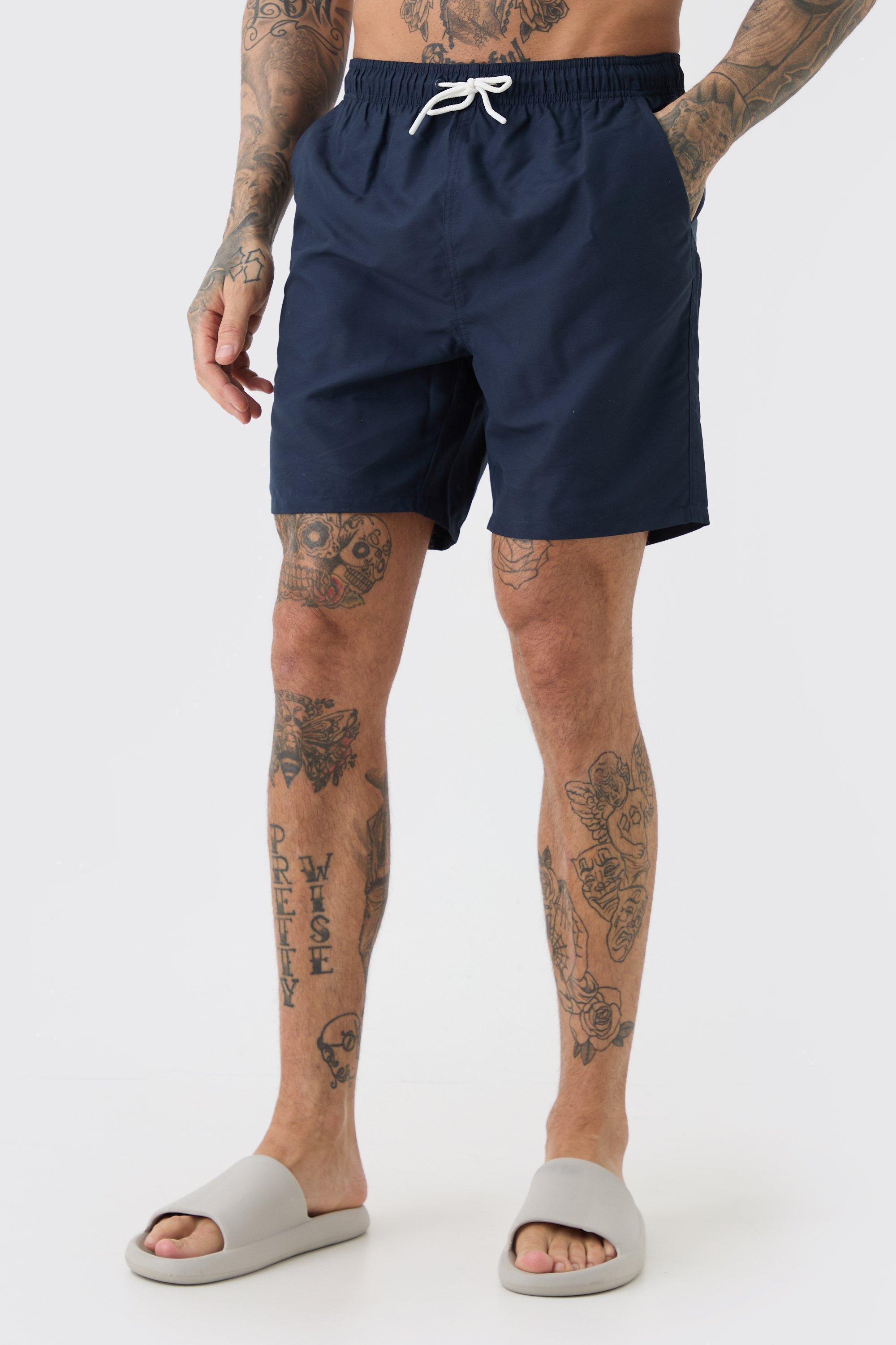 Tall Plain Mid Length Swim Trunks | boohooMAN USA Product Image