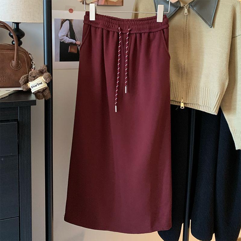 High-Rise Drawstring Plain Midi Skirt Product Image