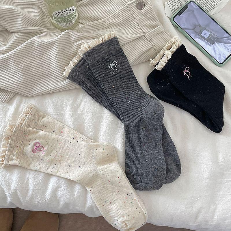 Bow Embroidered Lace Trim Socks / Set Product Image