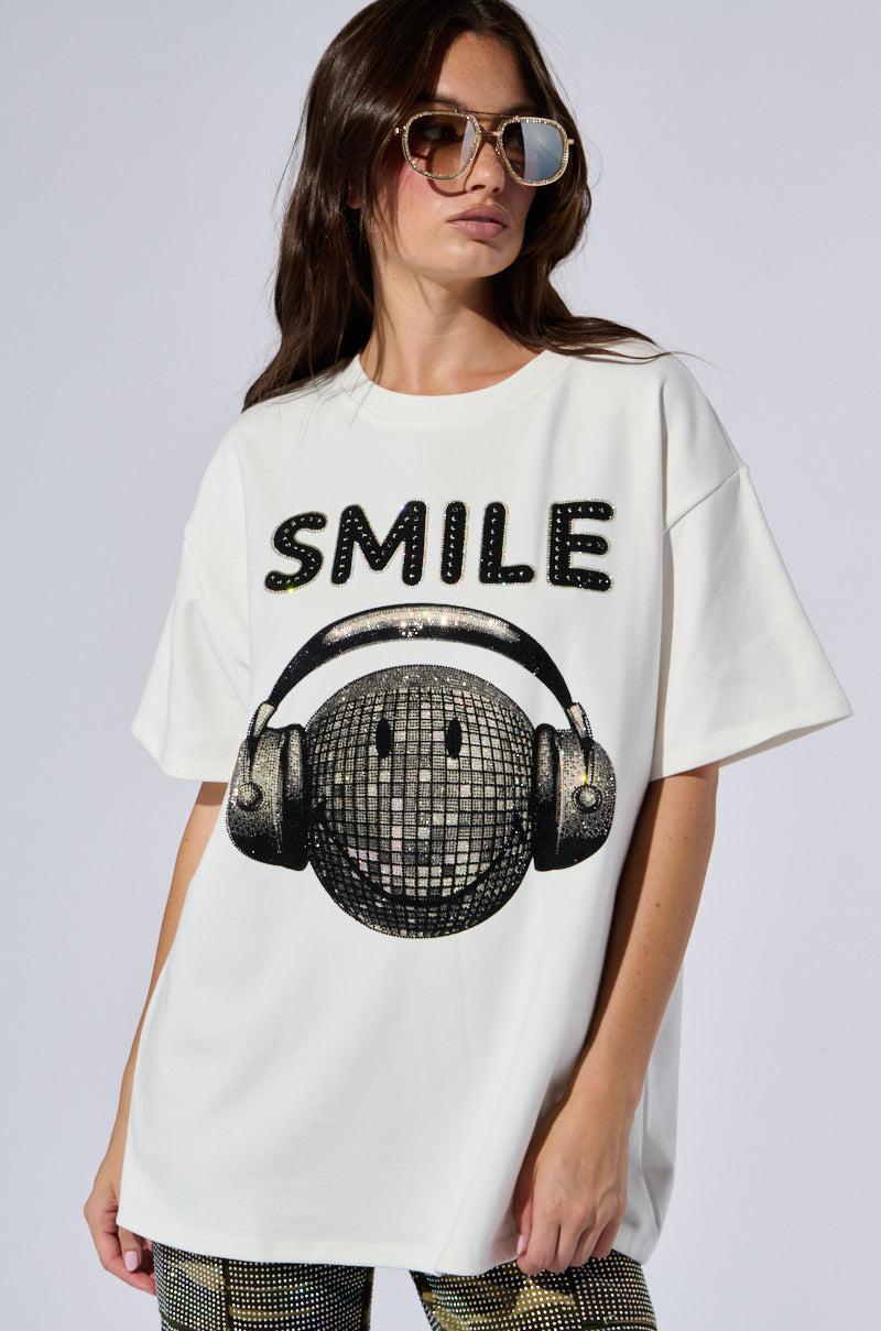 SMILE RHINESTONE DETAIL OVERSIZED TSHIRT IN WHITE Product Image