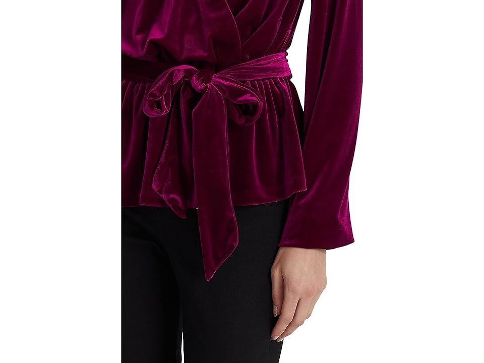 LAUREN Ralph Lauren Belted Velvet Peplum Surplice Top (Garnet) Women's Clothing Product Image