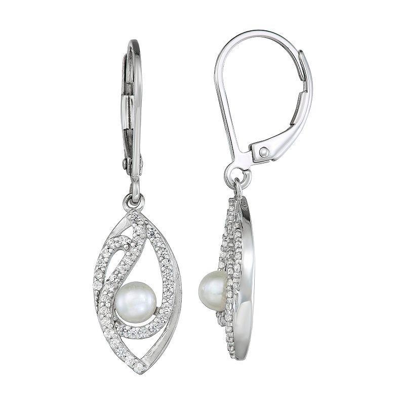 Sterling Silver Freshwater Cultured Pearl & Lab-Created White Sapphire Leverback Earrings, Womens Product Image