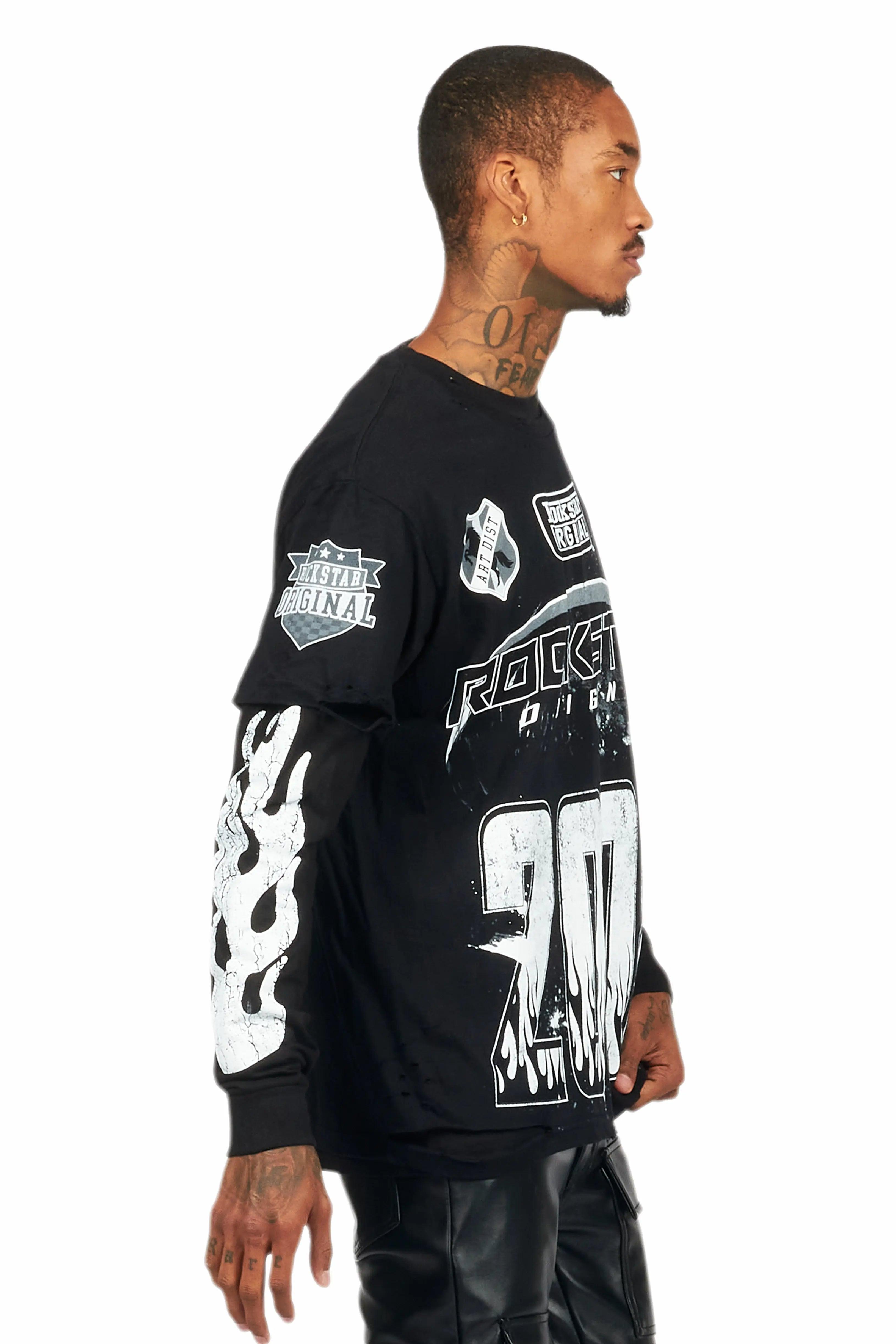 Amos Black/White Double Layer Long Sleeve Graphic T-Shirt Male Product Image