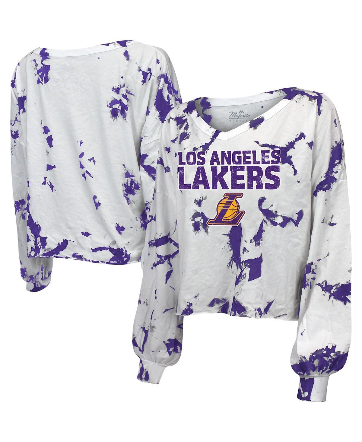 Womens Majestic Threads Los Angeles Lakers Aquarius Tie-Dye Cropped V-Neck Long Sleeve T-Shirt Product Image