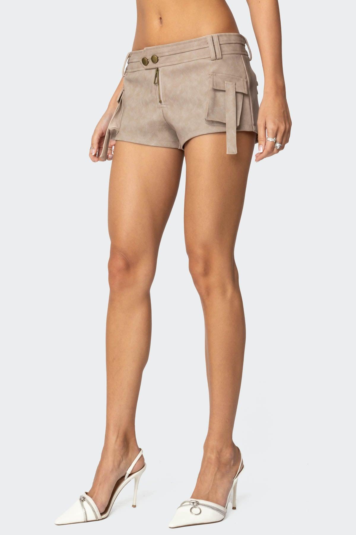 Washed Faux Leather Micro Cargo Shorts Product Image