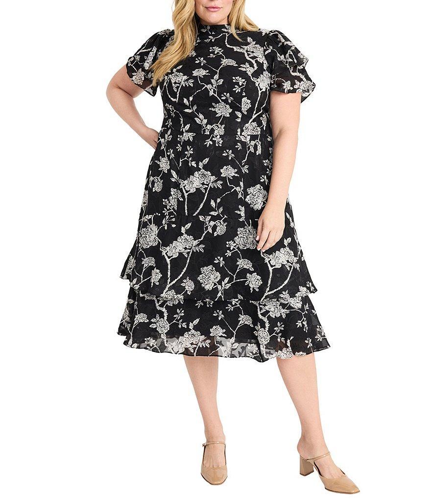 Maggy London Plus Size Jacquard Mock Neck Short Sleeve Tiered Ruffle Hem Midi Sheath Dress Product Image