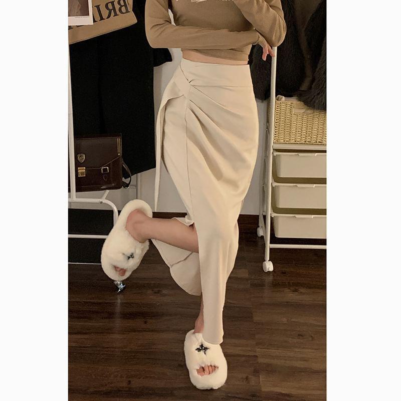 High Waist Plain Ruched Slit Midi Pencil Skirt Product Image