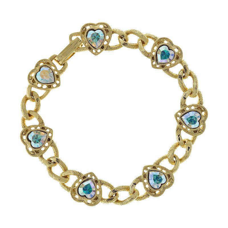 1928 Gold Tone Simulated Crystal Heart Chain Bracelet, Womens, Blue Product Image