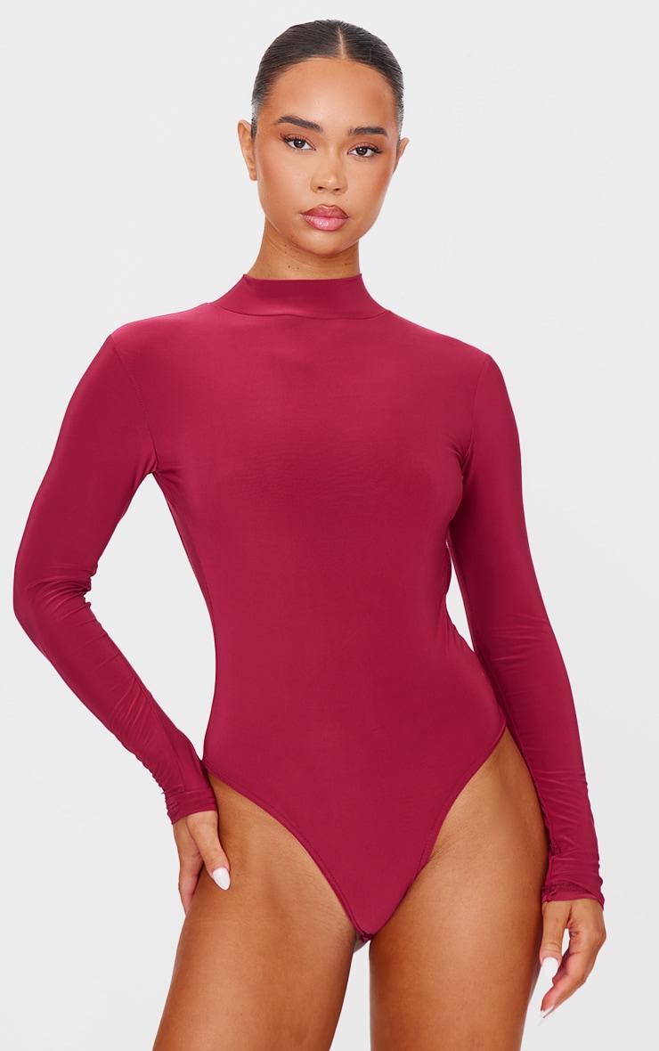 Burgundy Slinky High Neck Backless Bodysuit Product Image