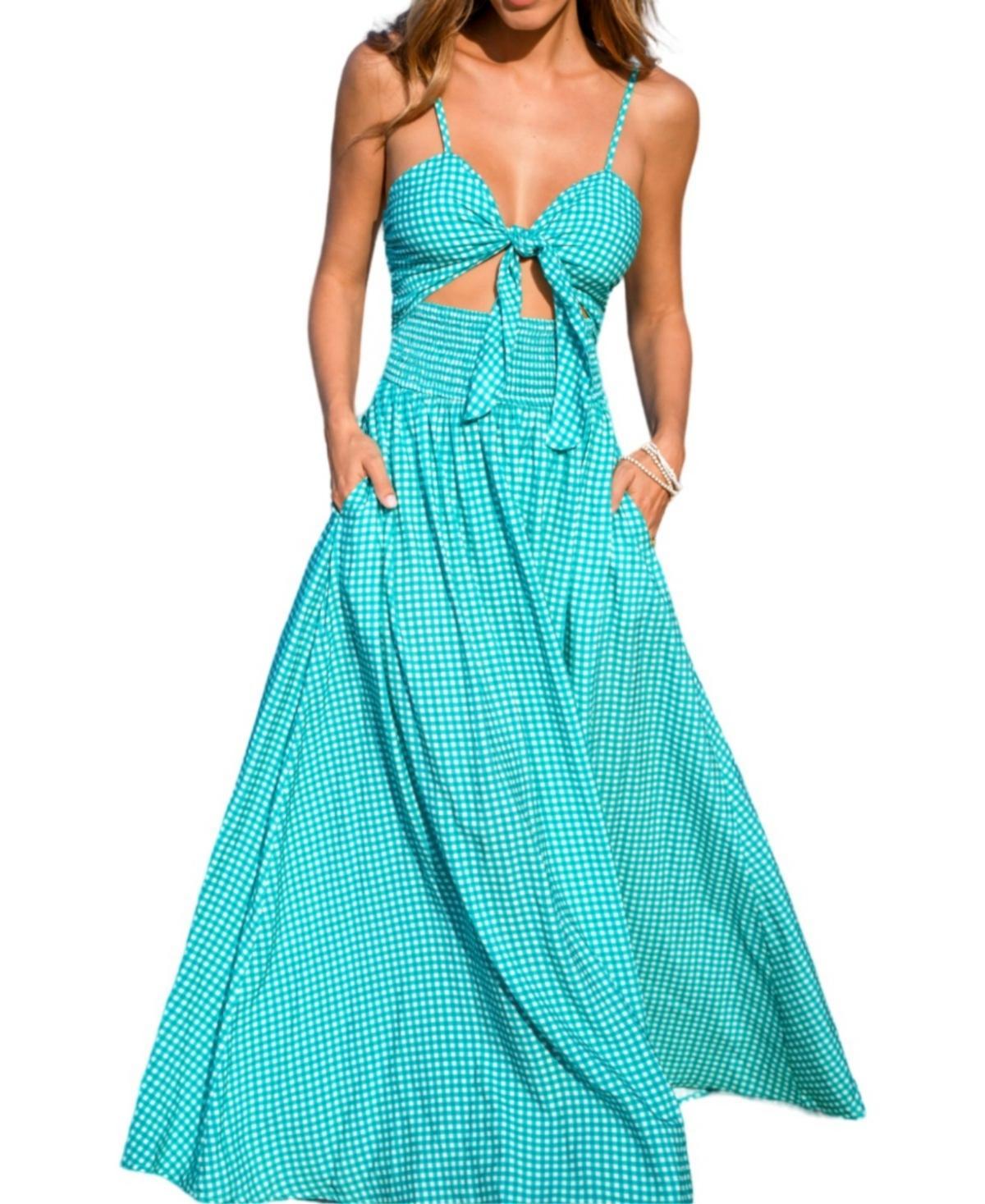 Cupshe Womens Green & White Gingham Sweetheart Cutout Maxi Beach Dress Product Image