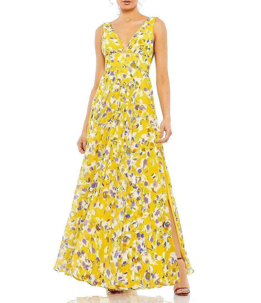 Mac Duggal V-Neck Floral Print Sleeveless Chiffon Side Slit A-Line Gown Product Image