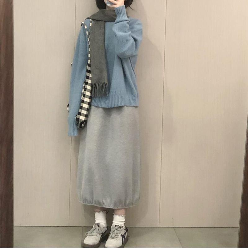 Set: Long-Sleeve Round Neck Plain Sweater + High Rise Midi A-Line Skirt Product Image